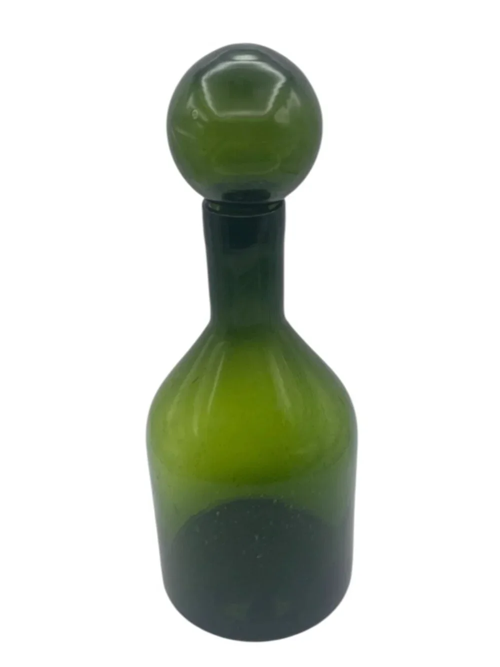 Vintage MCM Large Bottle Green Glass Bubble Decanter 11” w/ Ball Stopper Italy